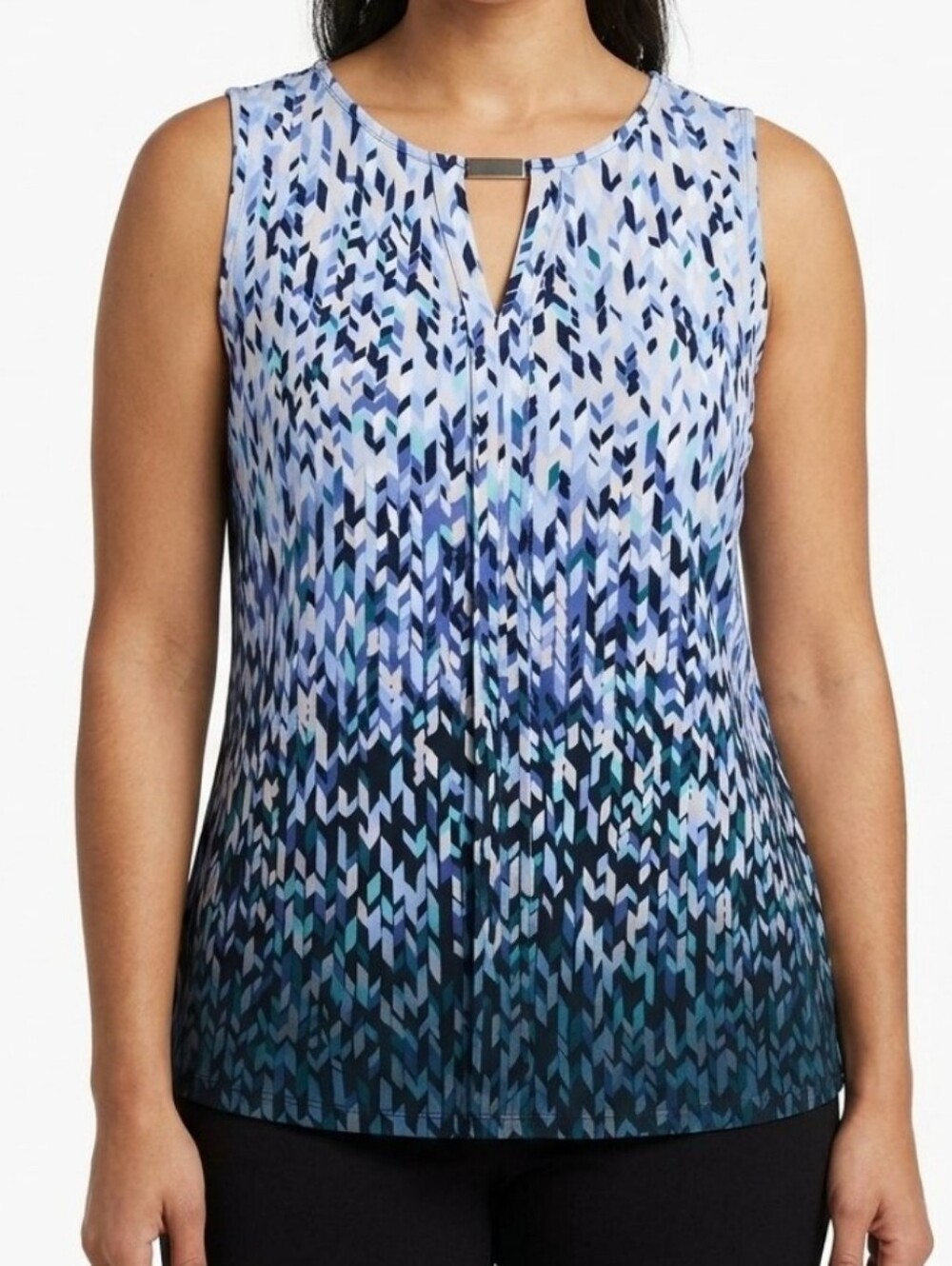 White House Black Market Sleeveless Top Pleat Stretch Blue Pebble Keyhole Sz M